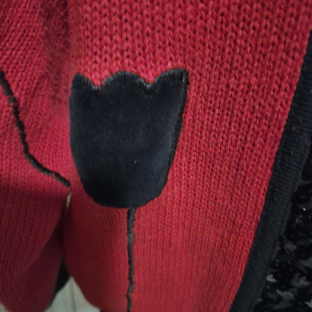 Vintage 80s Red Black Sequin Floral Tulip Cardigan Sweater Women's Plus Size 1X - Picture 5 of 10